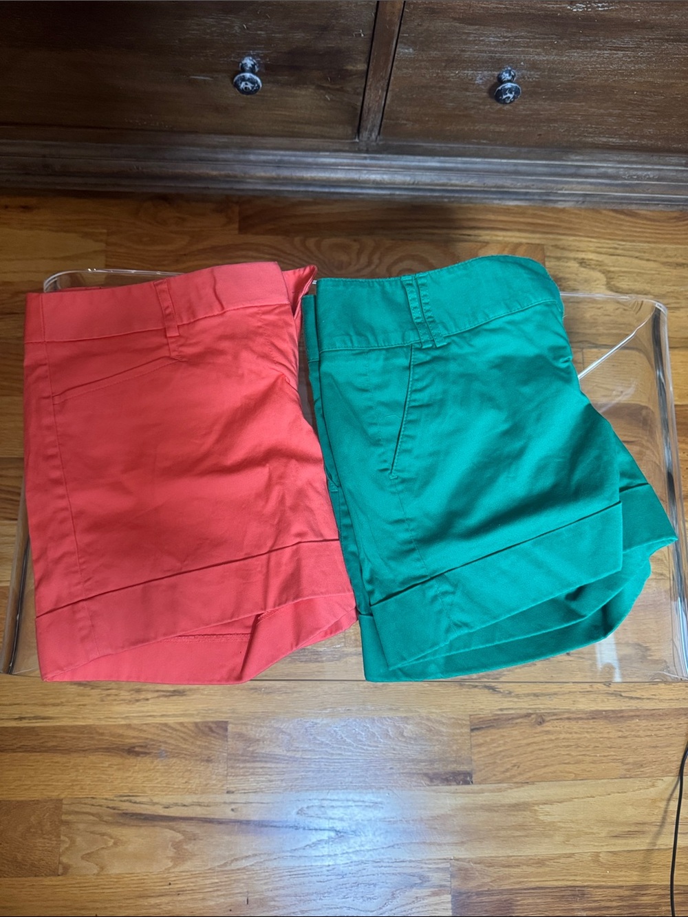 Pair of Express Editor shorts Coral and Emerald Cotton